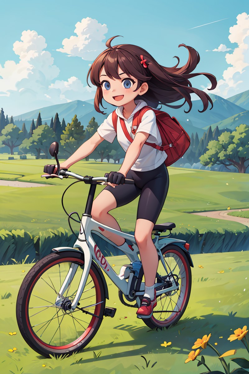 full body,((best quality, masterpiece)),dramatic,1 girl riding a bike pilot,smile,farm background,<lora:more_details:0.3>,...